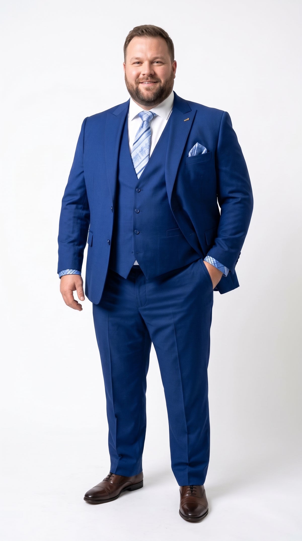 Men’s Royal Blue 3 Piece Vested Suit, 2 Button Peak Lapel Formal Wedding Prom Business Suit