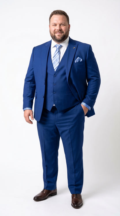 Men’s Royal Blue 3 Piece Vested Suit, 2 Button Peak Lapel Formal Wedding Prom Business Suit