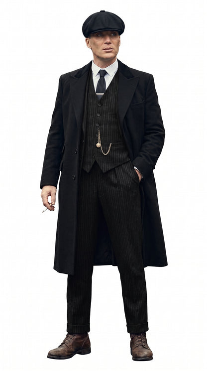 Men’s 1920s Peaky Blinders Style Vested Suit, English Gangster Outfit with Overcoat and Hat