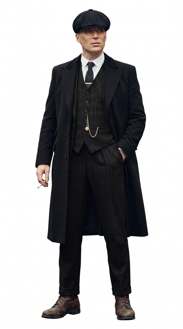 Men’s 1920s Peaky Blinders Style Vested Suit, English Gangster Outfit with Overcoat and Hat