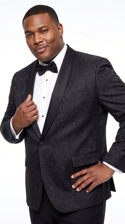 Men’s Black Fancy Pattern Sport Coat – One Button Formal Dinner Jacket with Shawl Lapel