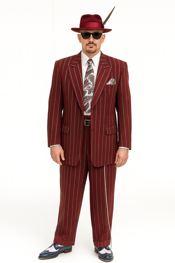 Burgundy Pinstripe Zoot Suit – 3 Piece 1920s/1930s Gangster Outfit (Jacket and Pants and Vest)  Vintage Fashion - Image 3