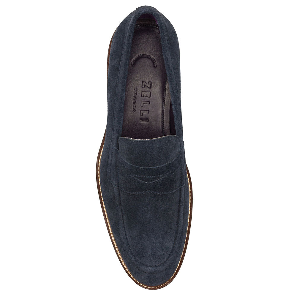 Zelli Roma Italian Suede Penny Loafers in Navy with Rubber Lug Sole