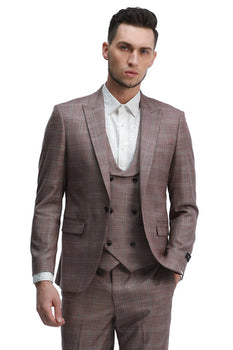 "Rose Pink Plaid Men's Slim Fit Double Breasted Vest Suit"