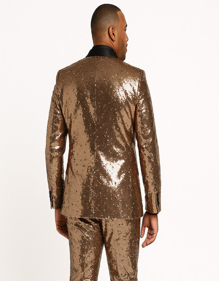 Men's Rose Gold Sequin Tuxedo Suit with Black Satin Lapel – Luxury Slim Fit Blazer for Parties and Events - Image 3