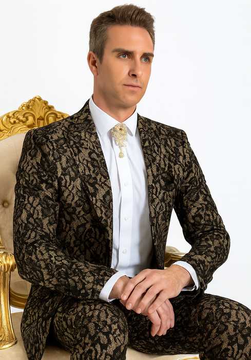 Rossi Man LEO RM1901 – Gold & Black Designer Tuxedo for Men | Slim Fit