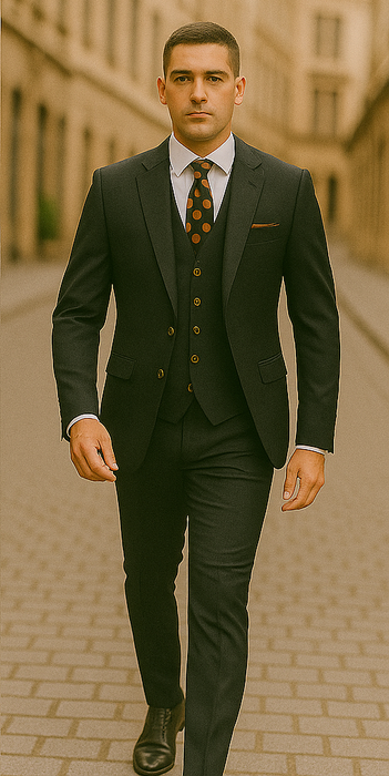 Rossiman Black Suit for Men – Classic 1-Button Peak Lapel Jacket & Double-Breasted Vest