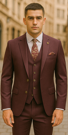 Rossiman Burgundy Suit for Men – Peak Lapel 1-Button Jacket & Double-Breasted Vest