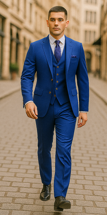 Rossiman Royal Blue Suit for Men – Classic 1-Button Peak Lapel Jacket & Double-Breasted Vest