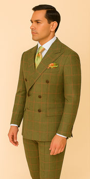 Rossiman Suit – Sage Green & Burnt Orange Windowpane Plaid Double-Breasted Suit