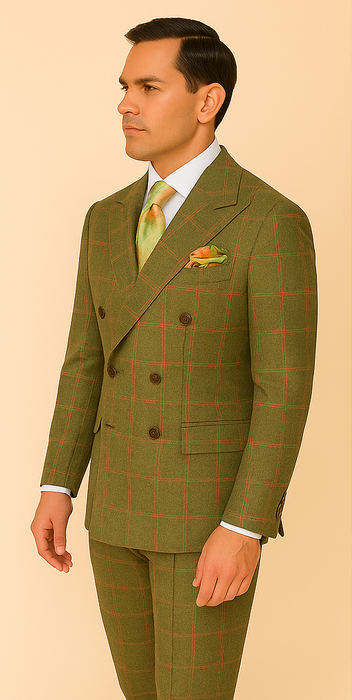 Rossiman Suit – Sage Green & Burnt Orange Windowpane Plaid Double-Breasted Suit
