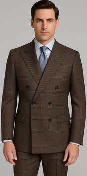 Rossiman Brown & Blue Vintage Glen Plaid Suit with Windowpane Pattern