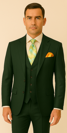 Rossiman Hunter Green Slim Fit Men's Suit – 3-Piece Vested Set with Flat Front Trousers