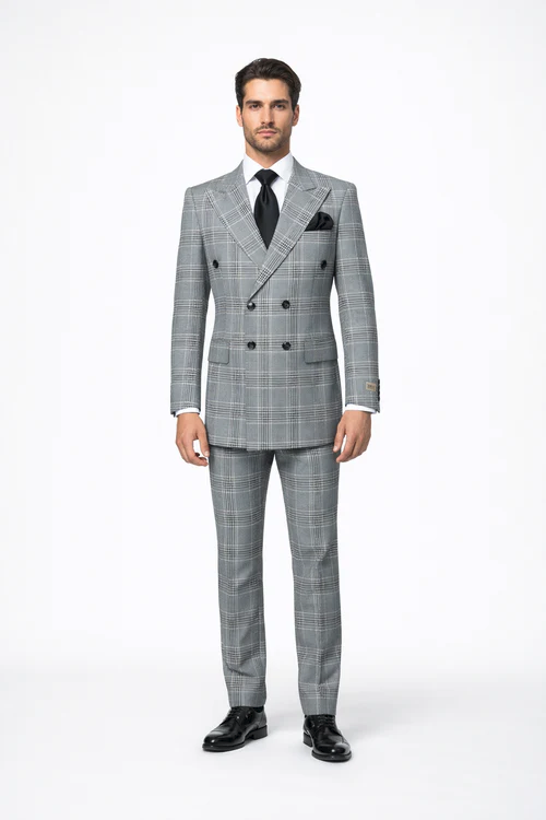 Men's Grey Glen Plaid Double-Breasted Suit – Classic Prince of Wales Check Two-Piece Set By Rossiman