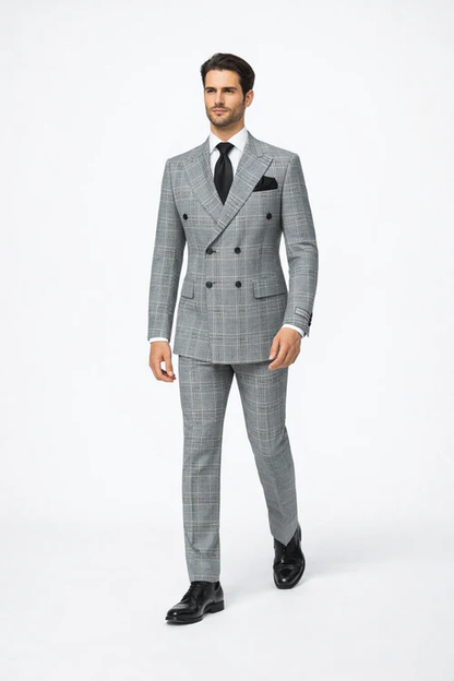 Men's Grey Glen Plaid Double-Breasted Suit – Classic Prince of Wales Check Two-Piece Set By Rossiman