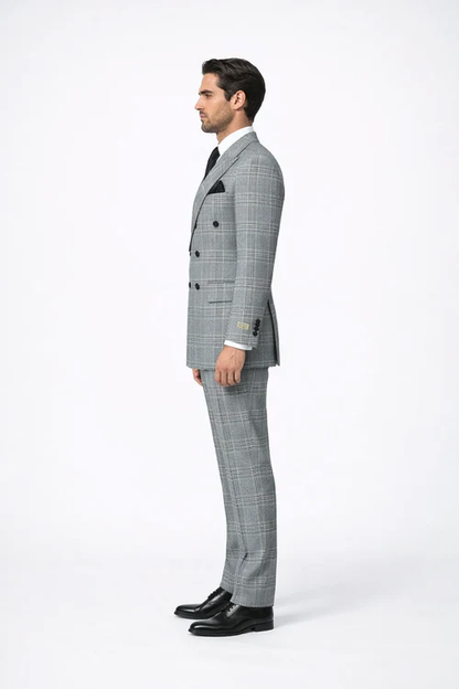 Men's Grey Glen Plaid Double-Breasted Suit – Classic Prince of Wales Check Two-Piece Set By Rossiman