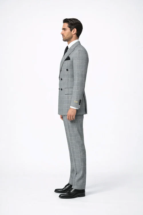 Men's Grey Glen Plaid Double-Breasted Suit – Classic Prince of Wales Check Two-Piece Set By Rossiman
