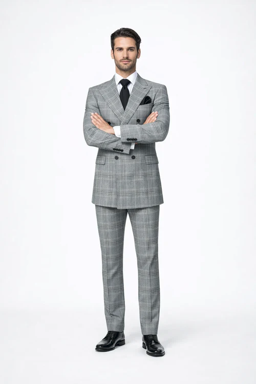 Men's Grey Glen Plaid Double-Breasted Suit – Classic Prince of Wales Check Two-Piece Set By Rossiman