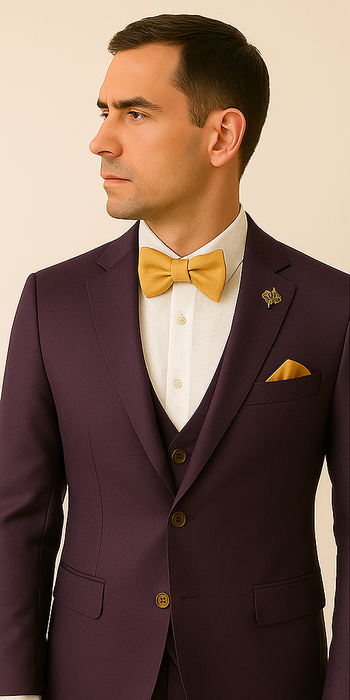 Rossiman Men’s Plum Purple Suit – Gold Buttoned Double-Breasted Elegance