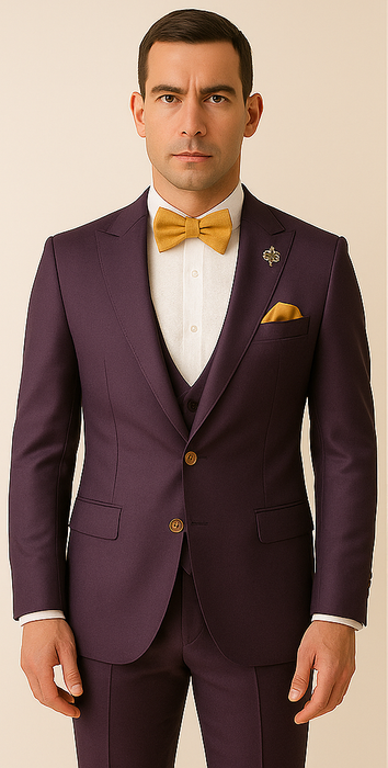 Rossiman Men’s Plum Purple Suit – Gold Buttoned Double-Breasted Elegance