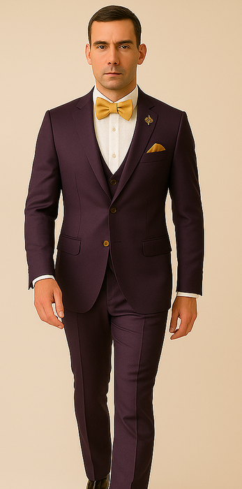 Rossiman Men’s Plum Purple Suit – Gold Buttoned Double-Breasted Elegance