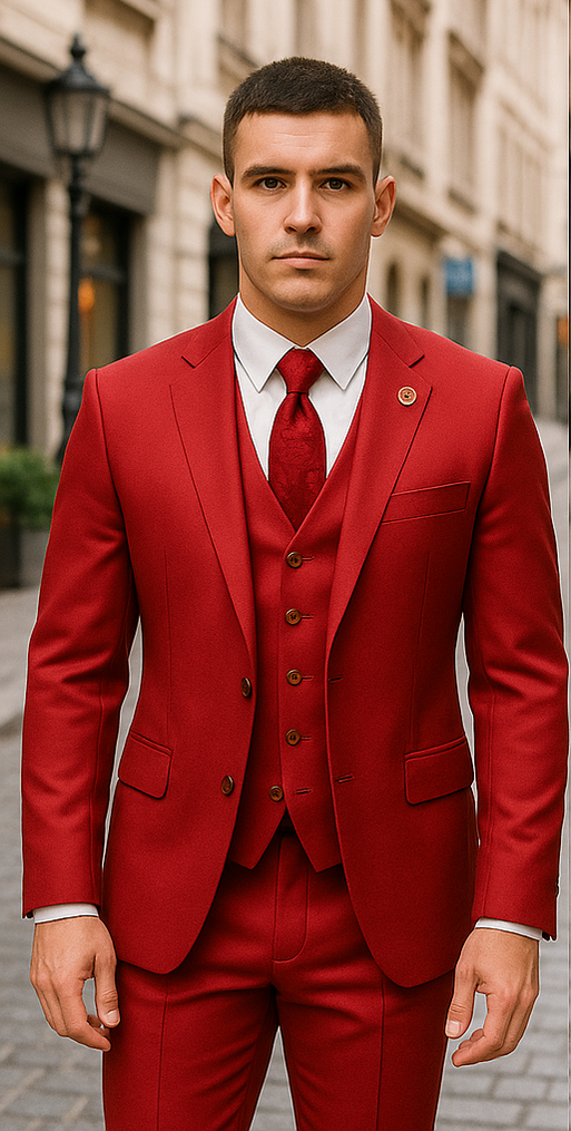 Rossiman Brand Burgundy Suits - 1 Button Suit Peak Lapel Double Breasted Vest