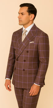 Rossiman Plaid Suit – Gray & Lavender Textured Windowpane Double-Breasted Suit