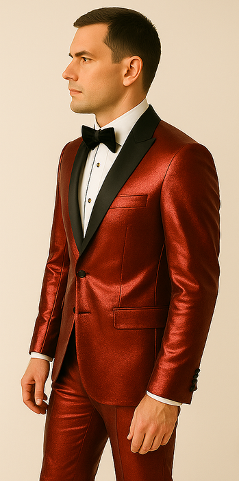 Rossiman Men’s Red Sateen Suit – Glossy Finish Bold Formalwear