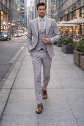 Rossiman Sharkskin Gray Plaid Suit – Double-Breasted Windowpane Suit for Men Modern Fit