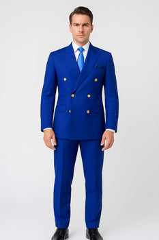 Mens Royal Blue Double-Breasted Suit with Gold Buttons – Slim Fit Formal 2-Piece Set