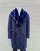 Mens Navy Wool Overcoat with Royal Blue Faux Fur Shawl Collar Cashmere Carcoat