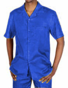Men'S 5 Button Canary 100% Linen Short Sleeve Royal Blue Two Piece Casual Two Piece Mens Walking Outfit For Sale Pant Sets Dress Suits For Men - Mens Linen Suit