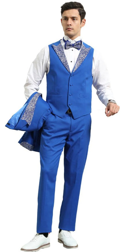 Royal Blue Prom Tuxedo - Perfect Wedding Suit Vested Rhinestone Lapelled