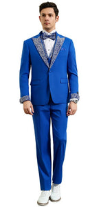 Royal Blue Prom Tuxedo - Perfect Wedding Suit Vested Rhinestone Lapelled
