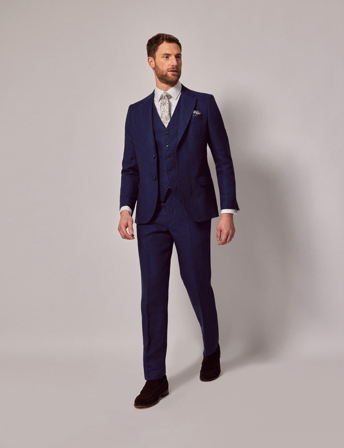 Mens Linen Suit For Beach Wedding - Summer Suit in Royal Blue Herringbone