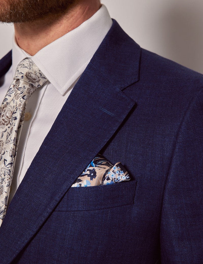 Mens Linen Suit For Beach Wedding - Summer Suit in Royal Blue Herringbone