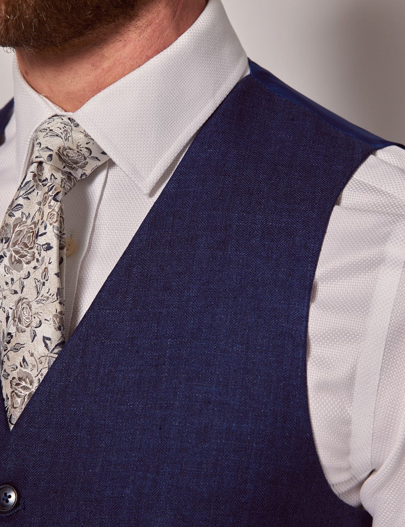 Mens Linen Suit For Beach Wedding - Summer Suit in Royal Blue Herringbone
