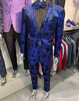 Royal Blue and Black Floral Tuxedo Suit