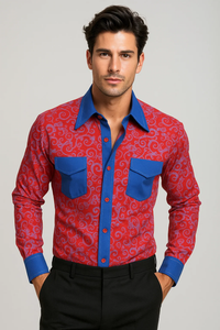 Microfiber Design French Cuff Paisley Regular Fit Red/Royal Blue Blends Men's Dress Shirt