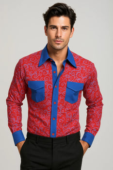 Microfiber Design French Cuff Paisley Regular Fit Red/Royal Blue Blends Men's Dress Shirt