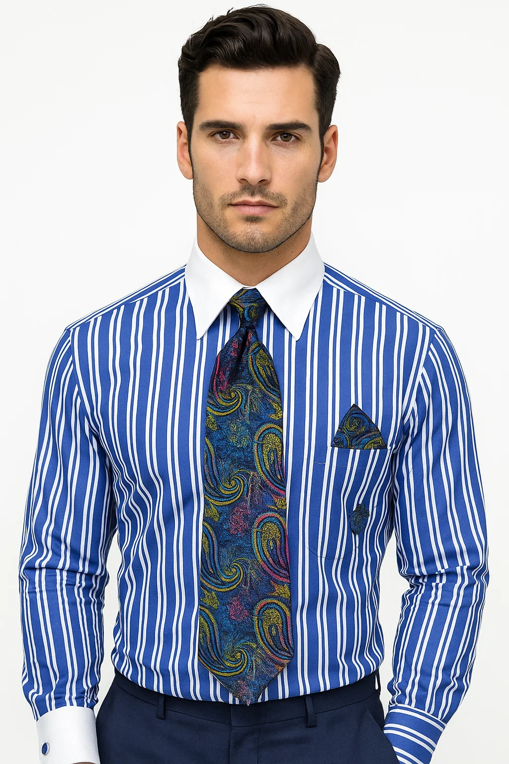 Royal Blue Stripe Colorful Men's Dress Shirt 
