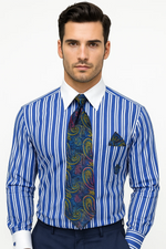 Royal Blue Stripe Colorful Men's Dress Shirt - Striped Dress Shirt - Mens Pinstripe Dress Shirt
