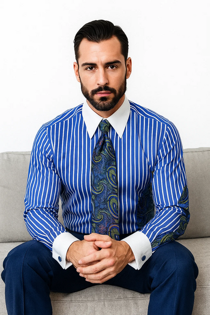 15.5” Royal Blue Stripe Colorful Men's Dress Shirt - Striped Dress Shirt