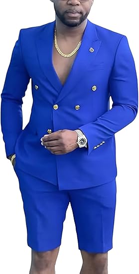 Mens Suits With Shorts - Double breasted Style Royal Blue With Gold Buttons