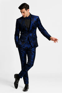 Royal Blue and Black Floral Tuxedo Suit