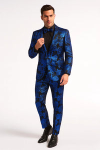 Royal Blue and Black Floral Tuxedo Suit