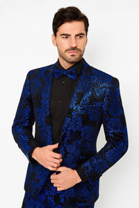 Royal Blue and Black Floral Tuxedo Suit