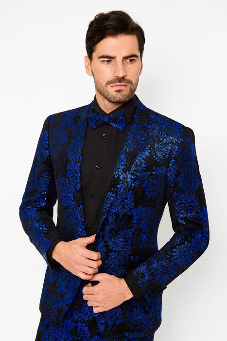 Royal Blue and Black Floral Tuxedo Suit
