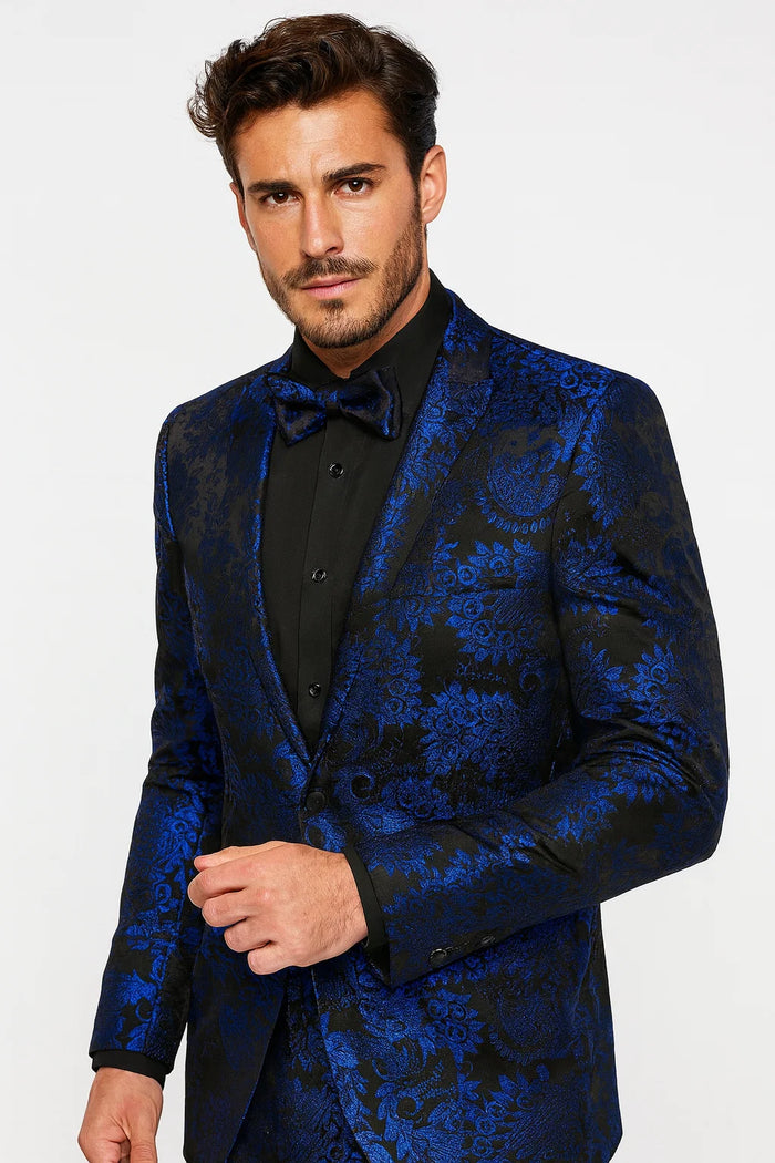 Royal Blue and Black Floral Tuxedo Suit