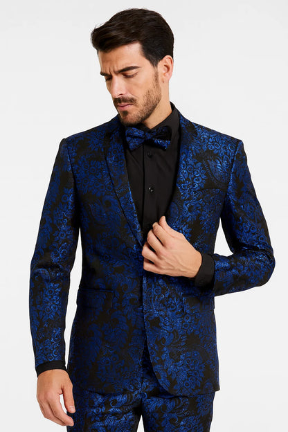 Royal Blue and Black Floral Tuxedo Suit